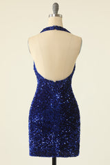 Royal Blue Sequin Halter Open Back Short Homecoming Dress