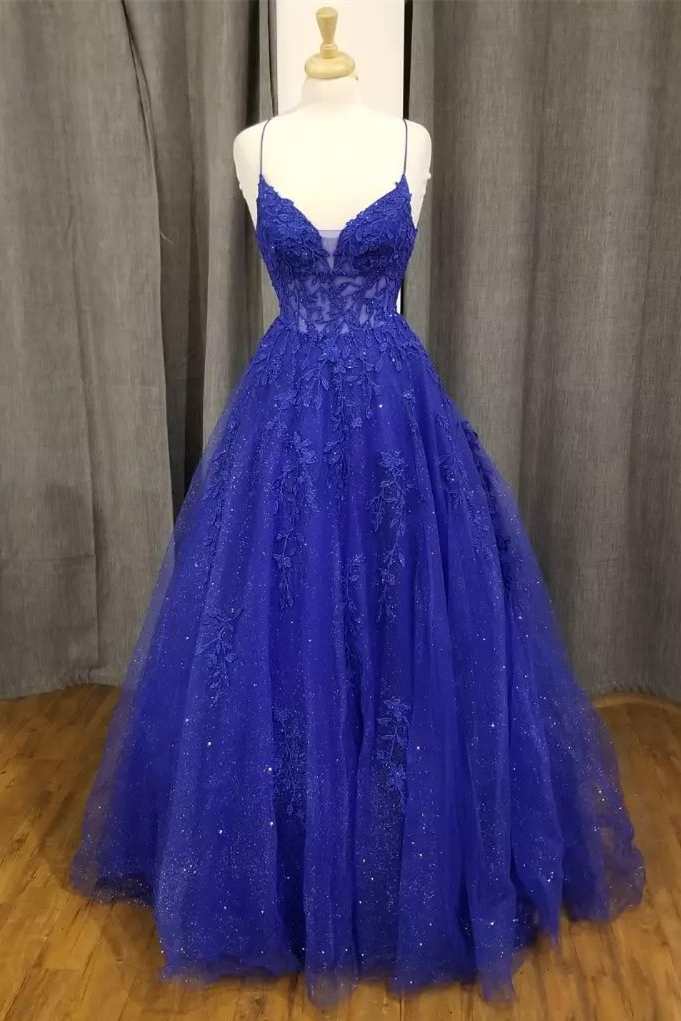 Royal Blue Floral Appliques V-Neck A-Line Formal Gown