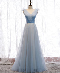 Simple Blue V Neck Tulle Long Prom Dress, Blue Formal Dress