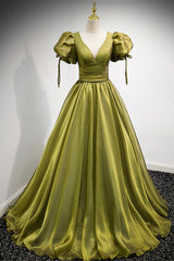 Green V-Neck Long Prom Dresses, A-Line Evening Dresses