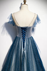 Blue Tulle Long Prom Dresses, A-Line Formal Evening Dresses