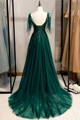 Green V-Neck Lace Long Prom Dresses, A-Line Evening Dresses