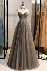 Gray Tulle Spaghetti Strap Long Prom Dresses, A-Line Evening Dresses