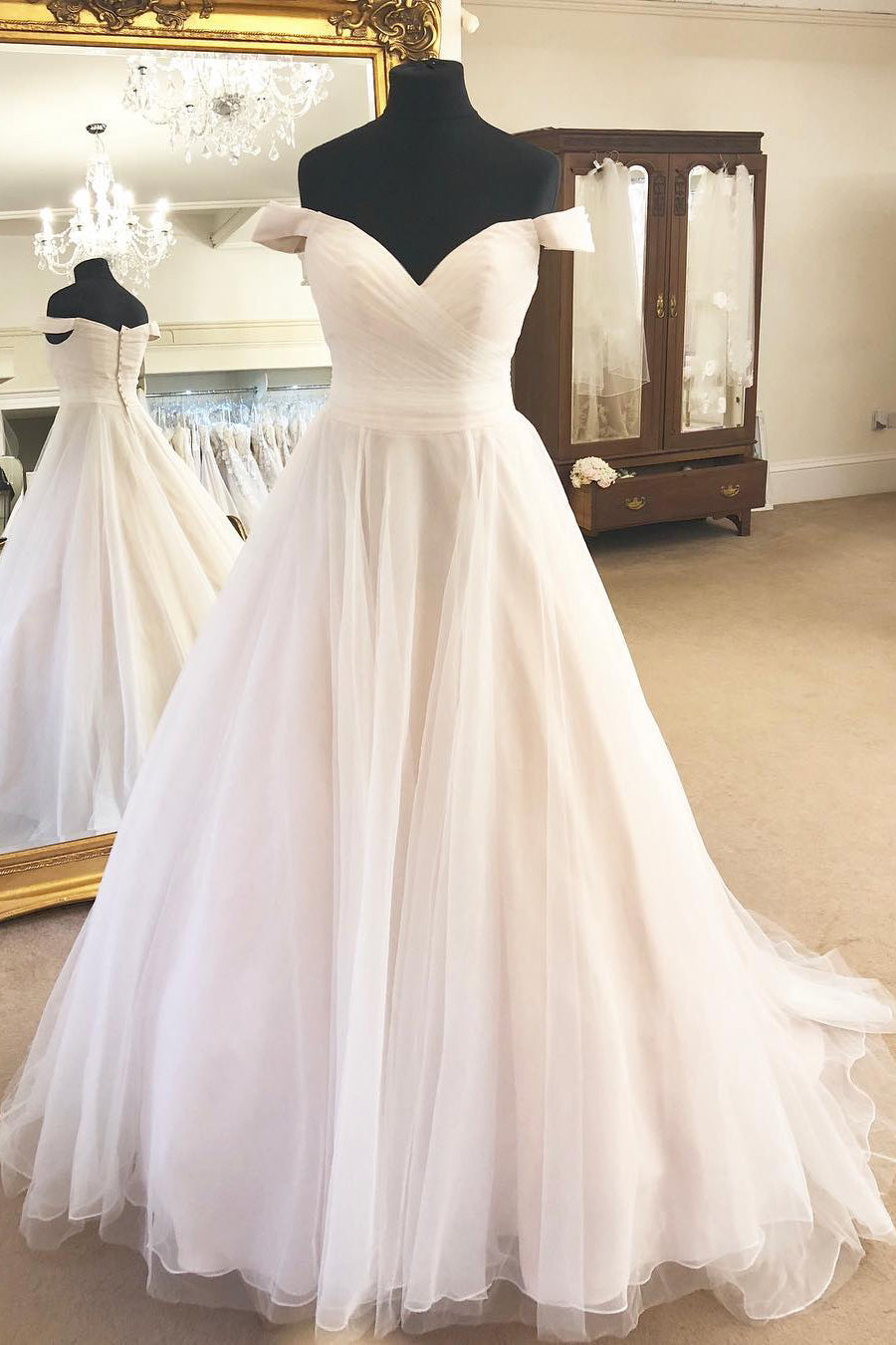 Off the Shoulder A-Line Ivory Wedding Dress with Pleats