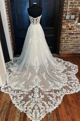 White Lace Tulle Strapless Long Bridal Gown
