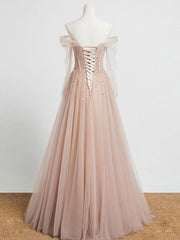 Champagne Pink Tulle Beads Long Prom Dress, Champagne Evening Dress