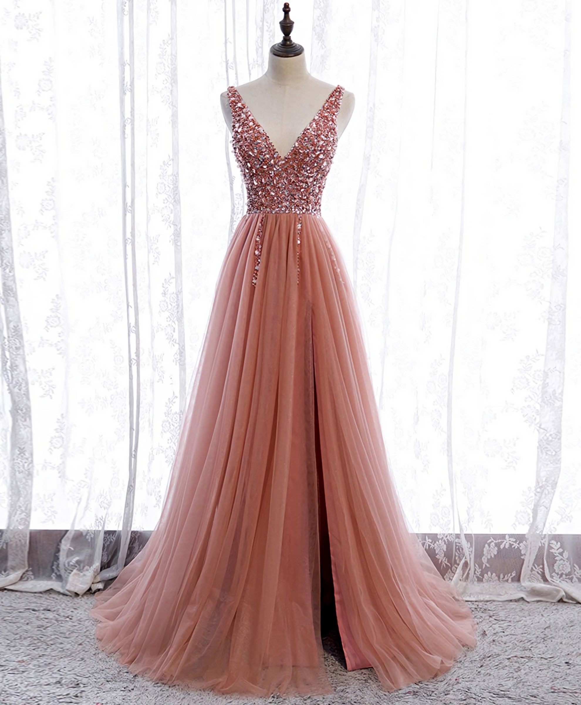 Pink V Neck Tulle Sequin Long Prom Dress, Pink Formal Dress