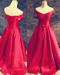 2024 Gorgeous Red Floor-Length/Long A-Line/Princess Off-the-Shoulder Lace Up Satin Prom Dresses