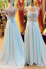 A-Line/Princess V-Neck Sleeveless Sweep/Brush Train Chiffon 2024 Blue Prom Dresses