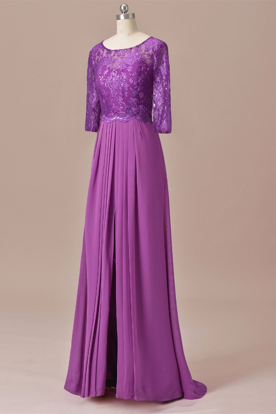 Purple Lace Round Neck Keyhole Back Long Mother of the Bride Dress