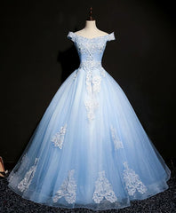 Blue Tulle Lace Off Shoulder Long Prom Dress, Blue Tulle Lace Evening Dress