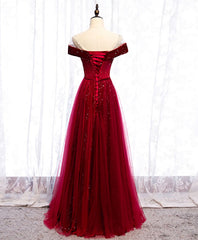 Burgundy Round Neck Tulle Sequin Long Prom Dress, Tulle Formal Dress