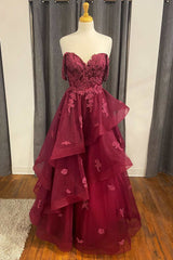 Wine Floral Lace Strapless A-Line Tiered Prom Dress