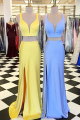 Two Piece Yellow-Blue Mermaid Long Prom Dress with Side Slit