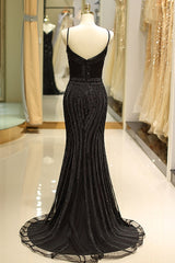 Mermaid Spaghetti Strap Black Beaded Formal Evening Dress
