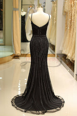 Mermaid Spaghetti Strap Black Beading Long Prom Dress