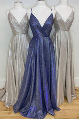 Sparkly V Neck Straps A-Line Long Prom Dress