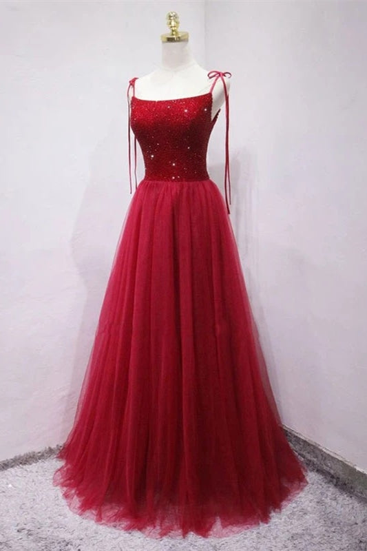 Straps Red Long Prom Dress with Beaded Bodice