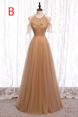 A-Line Beaded Champagne Tulle Bridesmaid Dress