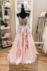 Spaghetti Strapls Pink Long Formal Dress with Appliques