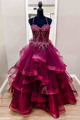 Raspberry Red Halter Long Prom Dress