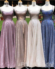 A Line Sparkle Split Backless Evening Dresses Long Prom Dresses With Pocket