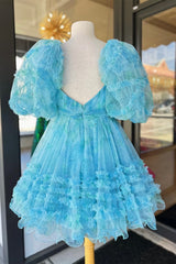 Blue Puff Sleeves Ruffles Babydoll Homecoming Dress with Bow