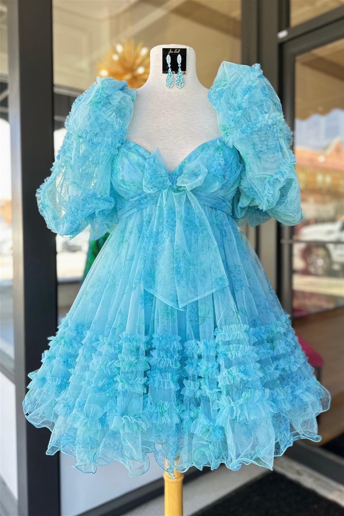 Blue Puff Sleeves Ruffles Babydoll Homecoming Dress with Bow