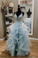Blue V-Neck Lace Long Prom Dresses, A-Line Backless Evening Dresses