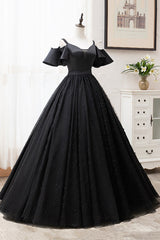 Black V-Neck Tulle Long Prom Dresses, A-Line Black Evening Dresses
