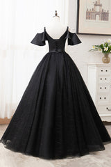 Black V-Neck Tulle Long Prom Dresses, A-Line Black Evening Dresses