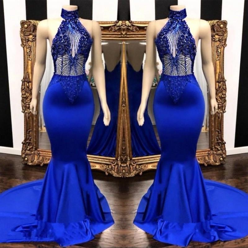 2024 High Neck Beaded Mermaid Royal Blue Prom Dresses