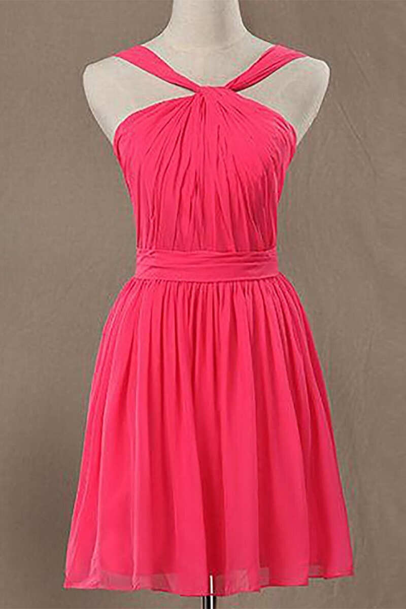 Neon Pink Halter Knee Length Bridesmaid Dress