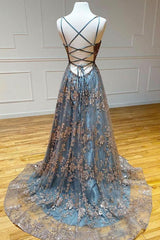 Prom Dresses Corset, A-line Tulle Straps Sequins Lace Prom Dress Split Evening Dress