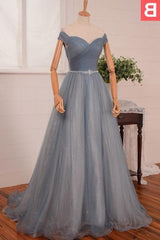2024 Blue Floor-Length/Long A-Line/Princess Off-the-Shoulder Beading Tulle Prom Dresses