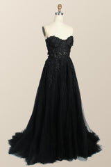 Black Floral Embroidery Strapless A-line Formal Dress