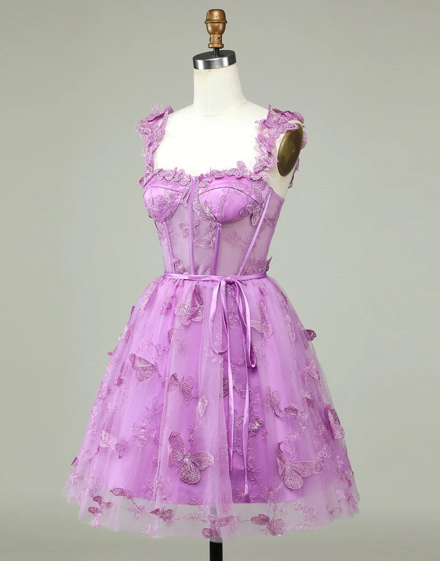 Cute Purple A-Line Lace Up Tulle Homecoming Dress With Appliques