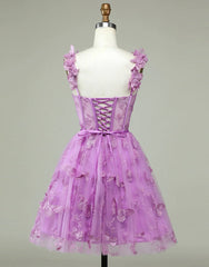 Cute Purple A-Line Lace Up Tulle Homecoming Dress With Appliques