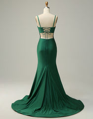 Dark Green Spaghetti Straps Corset back Prom Dress With Split