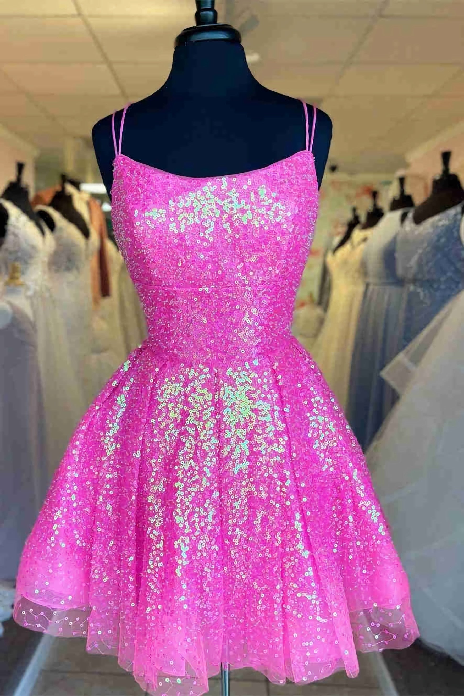 Cute Hot Pink Sequins A-Line Homecoming Dress Hoco Night Dresses