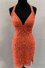 Halter Orange Sequins Bodycon Homecoming Dress with Tassel