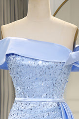 Glitter Blue Off The Shoulder Mermaid Long Prom Dress with Split