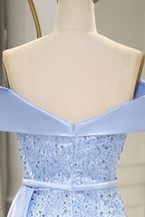 Glitter Blue Off The Shoulder Mermaid Long Prom Dress with Split