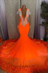 Gorgeous Orange Long Mermaid Tassel V-neck Prom Dress with Sleeves