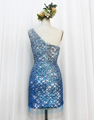 Gorgeous Sparkly Sequin One Shoulder Tight Homecoming Dress With Fringe