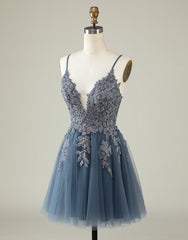 Grey Blue Corset Back Tulle Homecoming Dress With Appliques