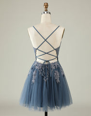 Grey Blue Corset Back Tulle Homecoming Dress With Appliques