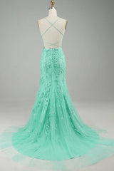 Mint Spaghetti Straps Appliques Mermaid Long Prom Dress