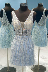Light Blue Beaded Sequins Tight Homecoming Dress with Feathers