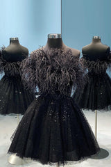 Black A-Line Strapless Homecoming Dress with Feathers